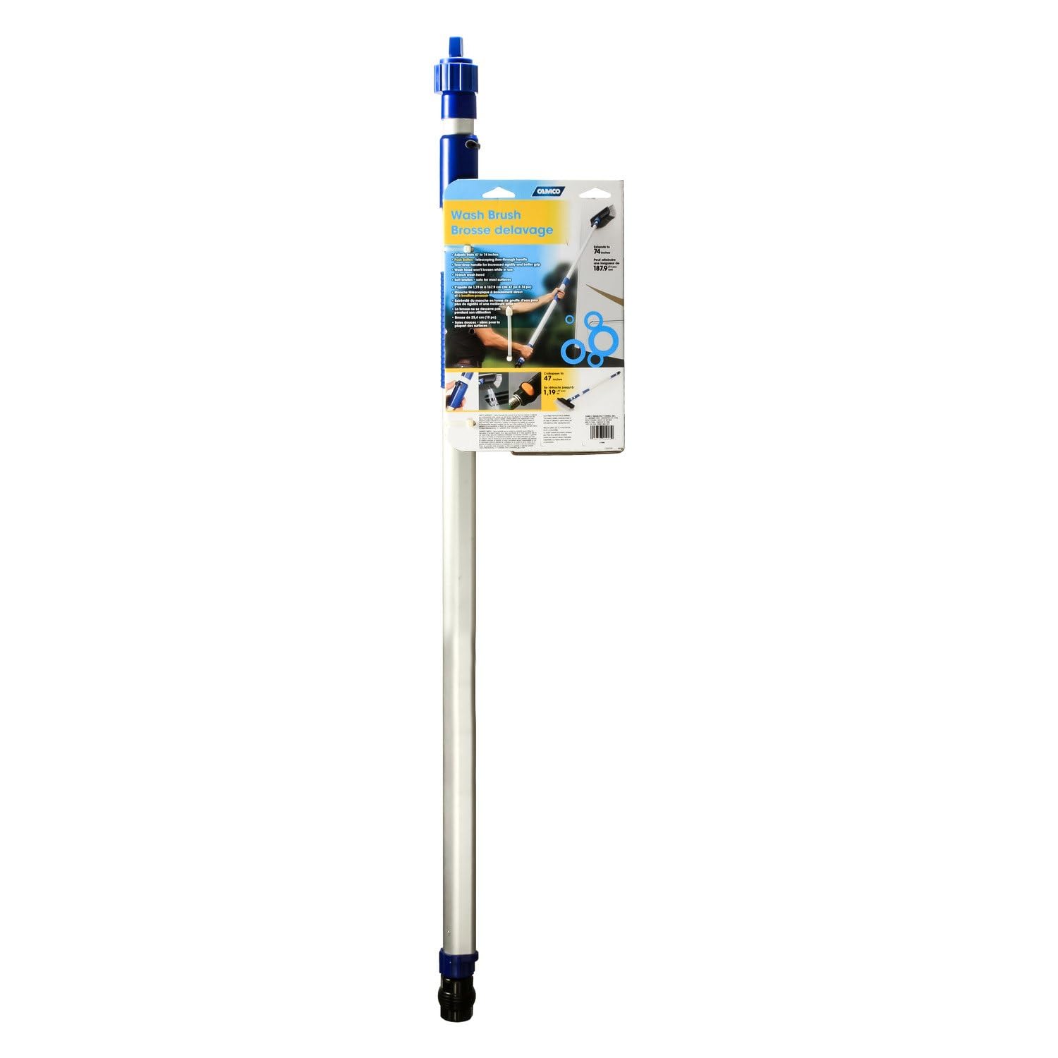 Camco Wash Brush Flow-Through with Push Button Telescoping Handle - Connect to Standard Water Hose to Clean Your Vehicle | Great for RV, Truck Boat and Car Washing - (41960)