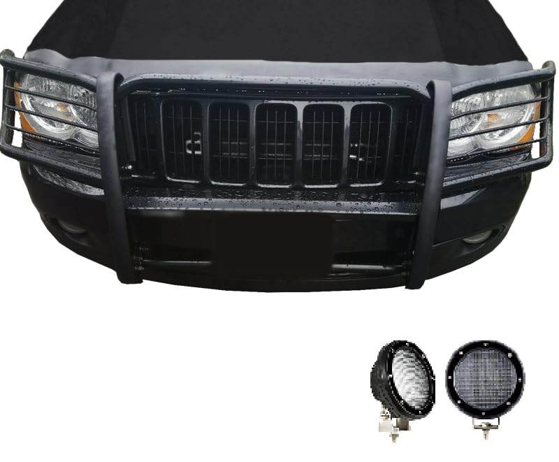 Grille Brush Black Horse Bumper Guard Modular Black Come with Pair of 5.3" Dia.LED Lights with Black Trim Rings Compatible with 2005-2010 Jeep Grand Cherokee-17A080200MA-PLFB
