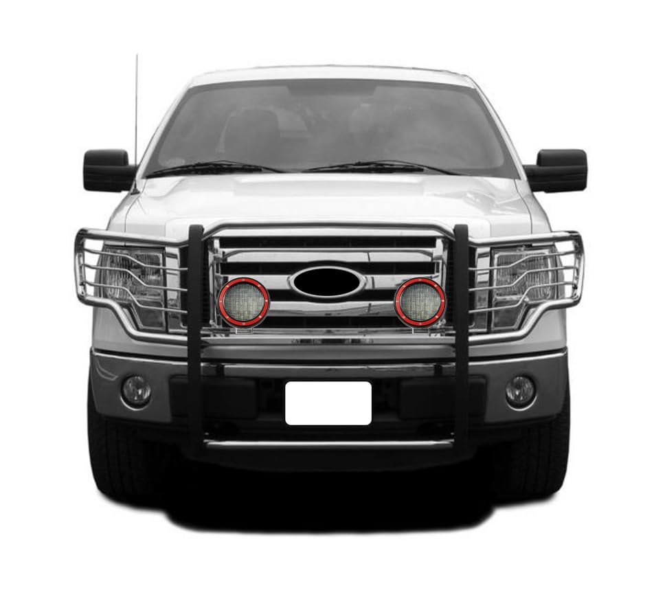 Bumper Guard Black Horse Grille brush Modular Stainless Steel Come With Pair of 5.3" Dia.LED Lights with Red Trim Rings Compatible with 2009-2014 Ford F-150-17FP30MSS-PLFR