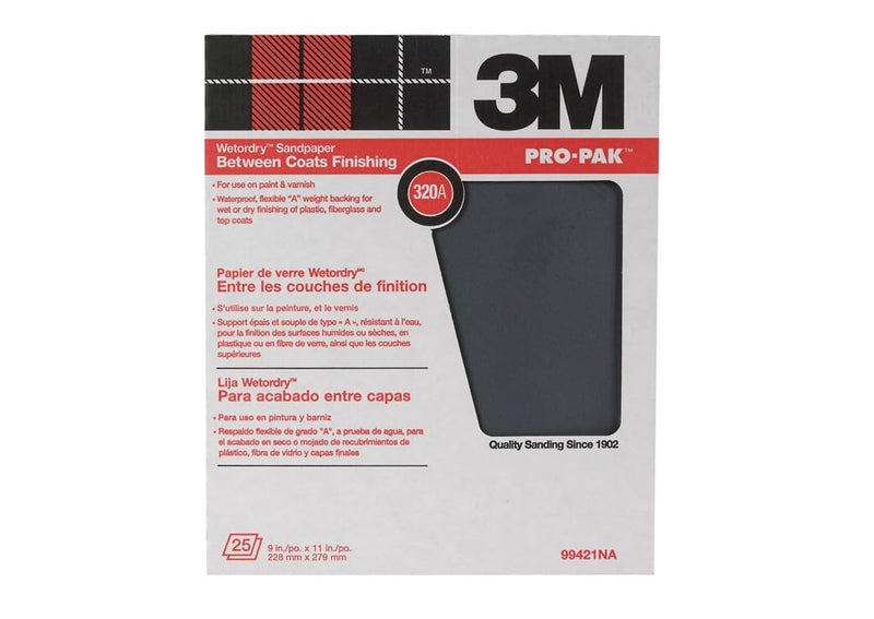 Wetordry Sanding Sheets 3M 99421NA, 9 in x 11 in, 320 grit, 25 Sheets/pk, 10 pks/cs