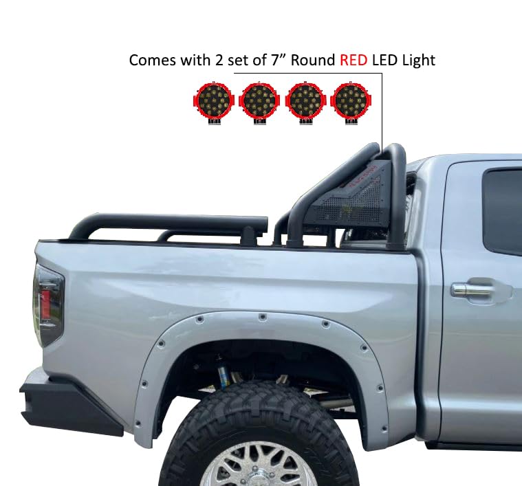 Gladiator Roll Bar Black Horse Incl. Pair of 7.0" Dia. Led Lights w/Red Trim Rings Modular Black Compatible with Universal Roll Bar for 1/2 Ton Trucks (GM-Ford-Dodge- Tundra) -GLRB-01B-PLR