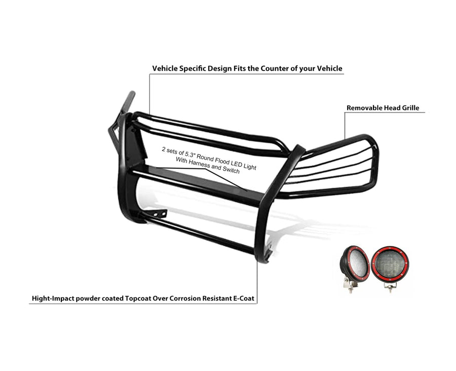 Bumper Guard Black Horse Grille brush Modular Come With Pair of 5.3" Dia.LED Lights with Red Trim Rings Compatible with 1997-2001 Honda CR-V-PG24001MA-PLFR