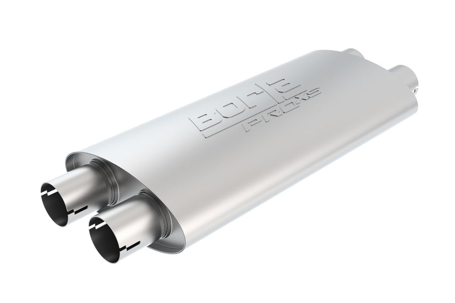BORLA ProXS 400492 Muffler 2.25" Dual Inlet/ 2.25" Dual Outlet, 4" x 9.5" Oval, 19" Long Body, 24" Overall Length. Internal X-Pipe. Universal Part. Reversible Design. Notched Necks.
