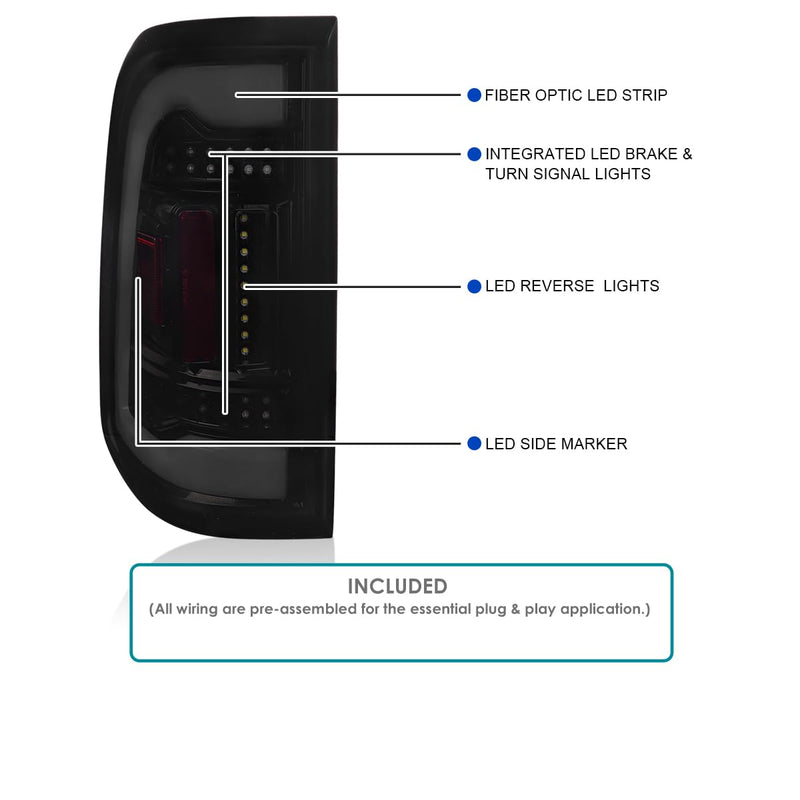 Glossy Black Smoke SPEC-D TUNING Full LED Tail Lights w/White LED Light Bar Compatible with 2019-2023 Ram 1500, Left + Right Pair Assembly