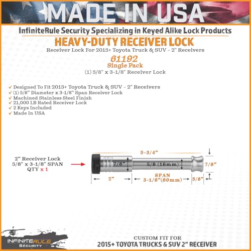 Single Pack, 2" Receiver Lock for Toyota Tacoma, Tundra, & SUV 2015+