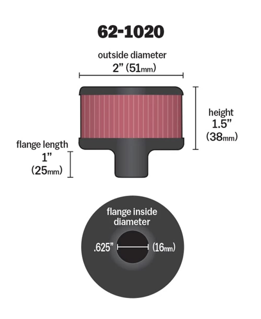 K&N Air Filter/Breather Vent: High Performance, Premium, Washable, Replacement Engine Filter: Filter Height: 1.5 in, Flange Length: 1 in, Shape: Breather, 62-1020