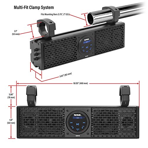 SB18 Sound Storm Laboratories UTV Sound Bar System - 18 Inch Wide, Weatherproof IPX5 Rated, Bluetooth, Amplified, 4 Inch Speakers, 1 Inch Horn Loaded Tweeters, Easy Installation for 12 Volt Vehicles