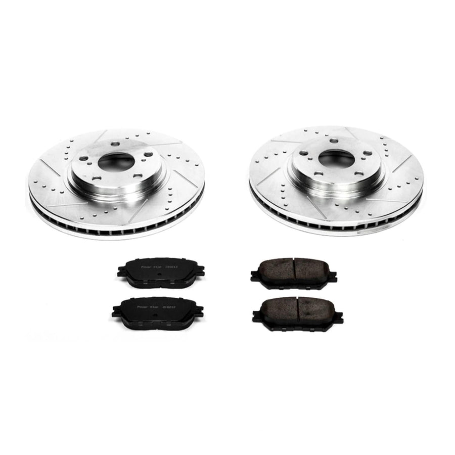 Power Stop K1143 Z23 Carbon Fiber Brake Pads Front with Drilled & Slotted Brake Rotors Kit For Toyota Camry 2002-2004 [Model Specific]