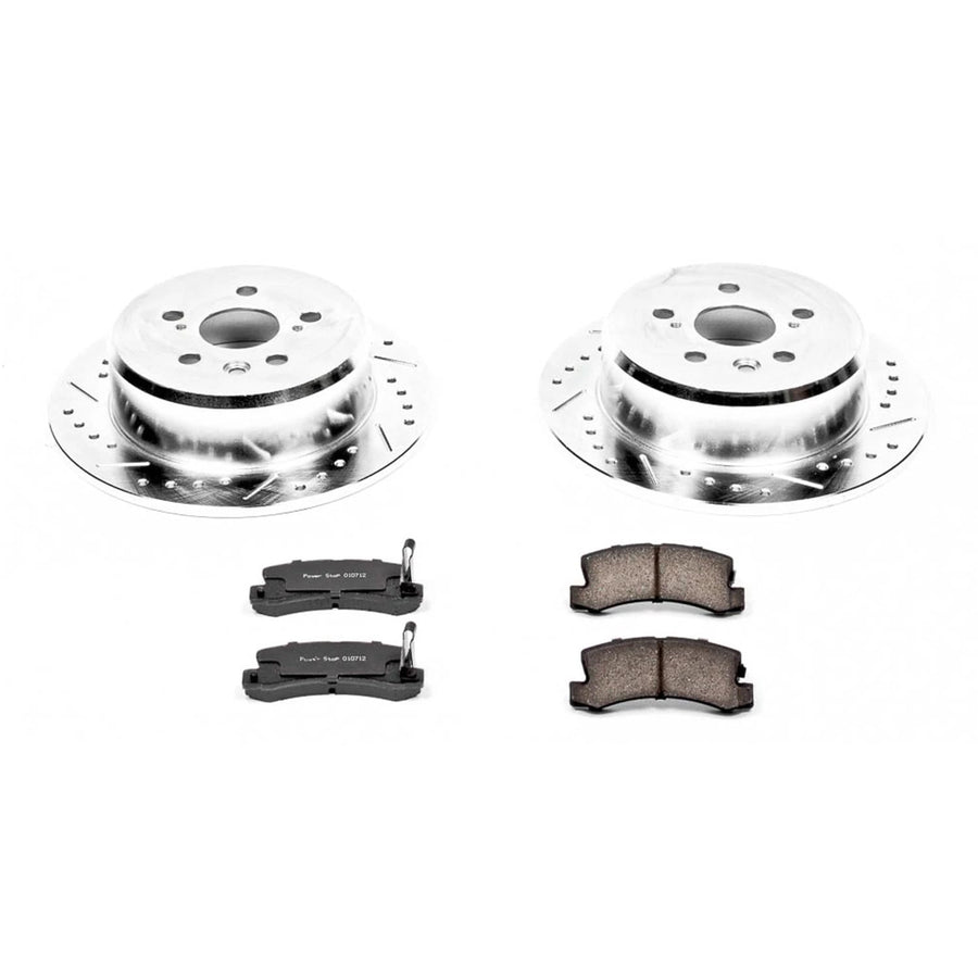 Power Stop K3147 Z23 Carbon Fiber Brake Pads Rear with Drilled & Slotted Brake Rotors Kit For Toyota Celica 1995-1999 [Model Specific]