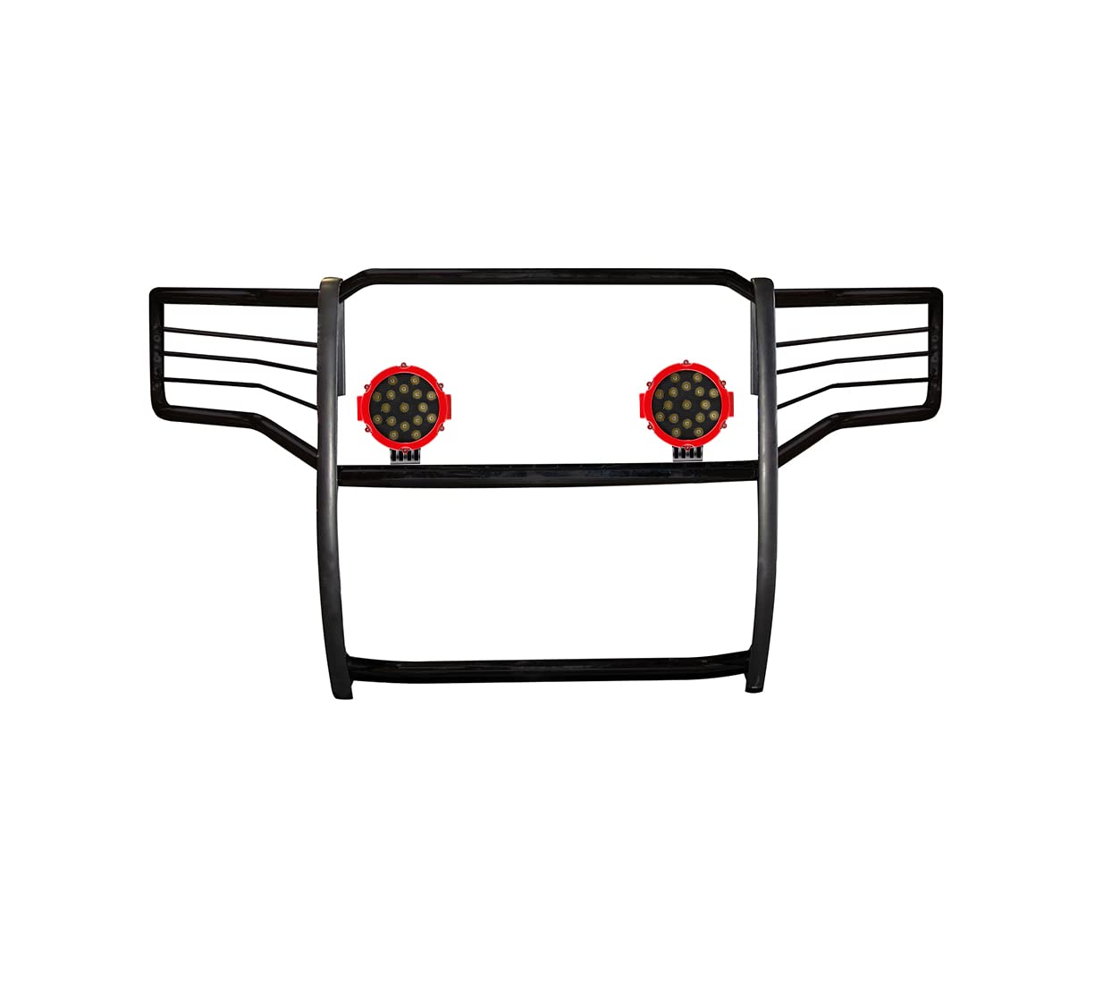 Bumper Guard Black Horse Grille Brush Modular Come with Pair of 7.0" Dia.LED Lights with Red Trim Rings Compatible with 2011-2016 Ford F-250/F-350/F-450/F-550 Super Duty-17FB26MA-PLR