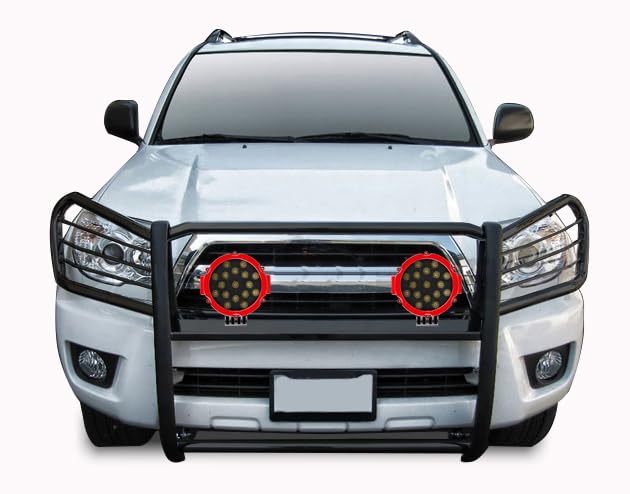 Bumper Guard Modular Black Black Horse Grille brush Come With pair of 7.0"Dia.LED Lights with Red Trim Rings Compatible with 2003-2009 Lexus GX470|2003-2009 Toyota 4Runner-17TU26MA-PLR