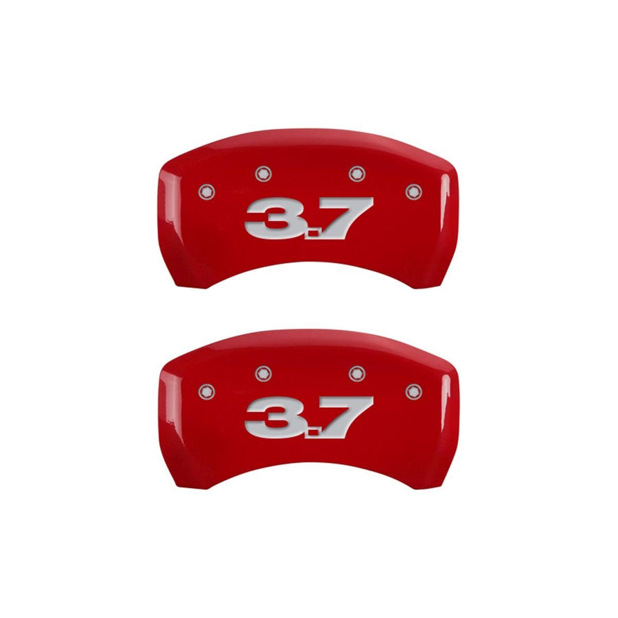 SET OF 4 CALIPER COVERS, REAR: 37, FRONT: MUSTANG- SILVER CHARACTERS, RED