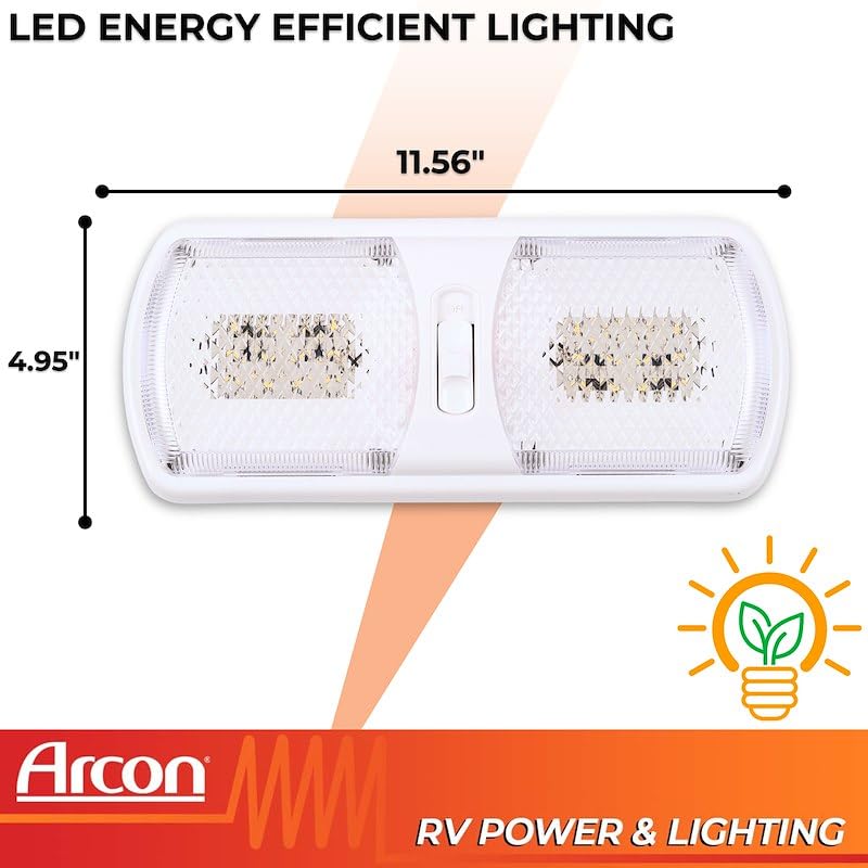 LED Arcon Double Ceiling Light 12V Soft White SMD Clear Lens 11.56 x 4.95 Inch Euro-Style Dome Lighting with On Off On Switch RV Camper Trailer Interior Light 20712N
