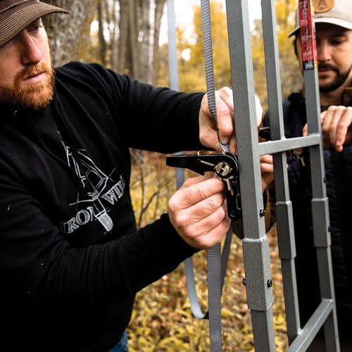 Uppercut LS Rivers Edge 1-Man Ladder Stand, 22'3" Height, Lockdown Strapping System, Flip-Up TearTuff Mesh Seat, 27" Deep Platform, Flip-Out Footrest, 2-Way Adjustable Shooting Rail, RE671