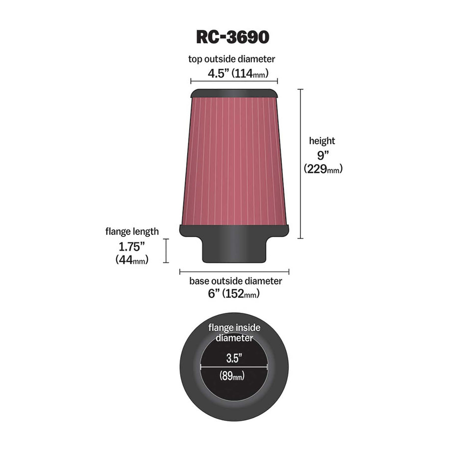 High-Flow K&N Original Lifetime Universal Clamp-On Air Filter: High Performance, Premium, Washable: Flange Diameter: 3.5 In, Filter Height: 9 In, Flange Length: 1.75 In, Shape: Round Tapered, RC-3690