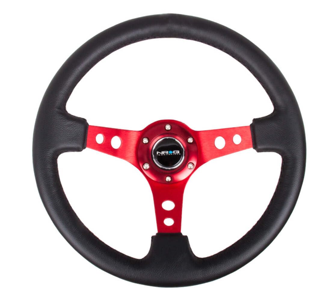 NRG Innovations Reinforced NRG-RST-006RD Steering Wheel - 350mm Sport Steering Wheel (3" Deep) - Red Spoke with Round holes, Black Leather