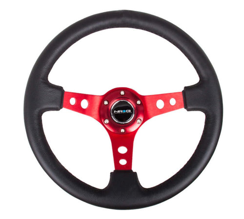 NRG Innovations Reinforced NRG-RST-006RD Steering Wheel - 350mm Sport Steering Wheel (3" Deep) - Red Spoke with Round holes, Black Leather
