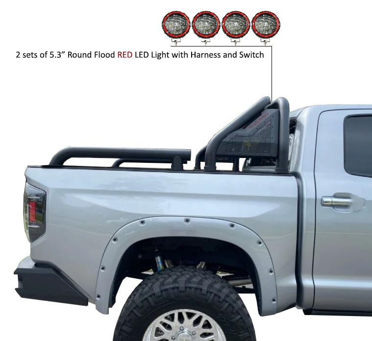 Gladiator Black Horse Roll Bar Incl. Set of 5.3" Dia.Led Lights w/Red Trim Rings Modular Black Compatible with Universal Roll Bar for 1/2 Ton Trucks (GM-Ford-Dodge- Tundra) -GLRB-01B-PLFR