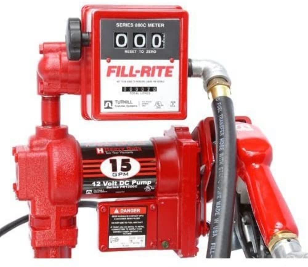 Fill-Rite 24V DC Pump FR2411GELA, Suction Pipe, 3/4"x12' Hose, 3/4" Automatic Nozzle, 807CL Meter Liter -All NPT Threads