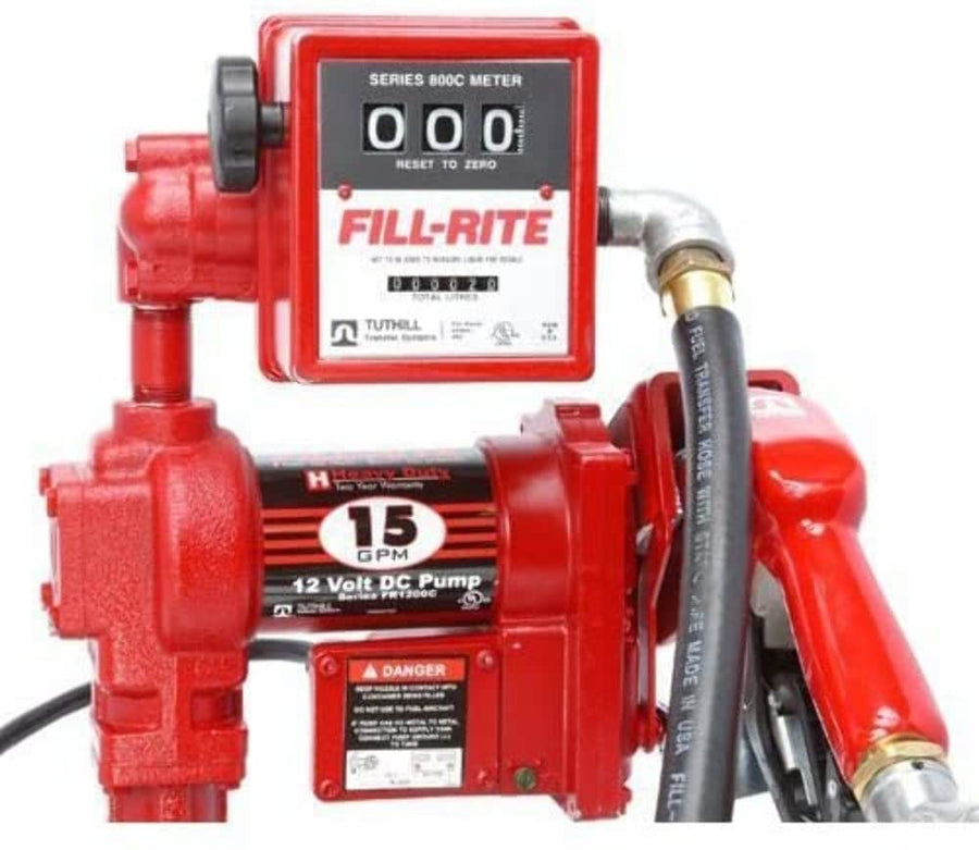 Fill-Rite 24V DC Pump FR2411GELA, Suction Pipe, 3/4"x12' Hose, 3/4" Automatic Nozzle, 807CL Meter Liter -All NPT Threads