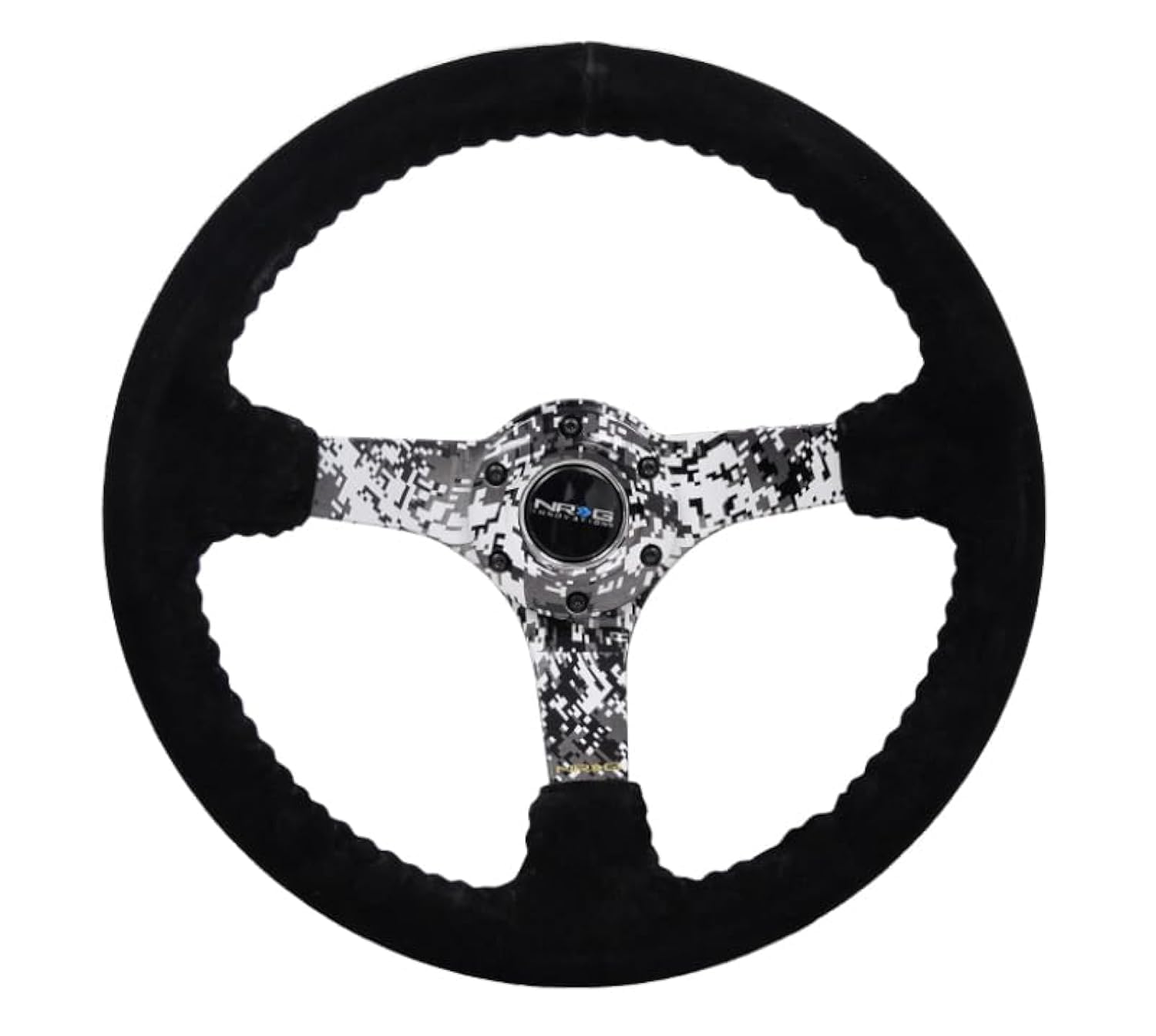 NRG Innovations Reinforced Steering Wheel NRG-RST-036DC-R Hydro Dipped Digital Camo 3" Deep, 5mm Spoke, 350mm Sport Steering Wheel Black Suede With Black Baseball Stitching