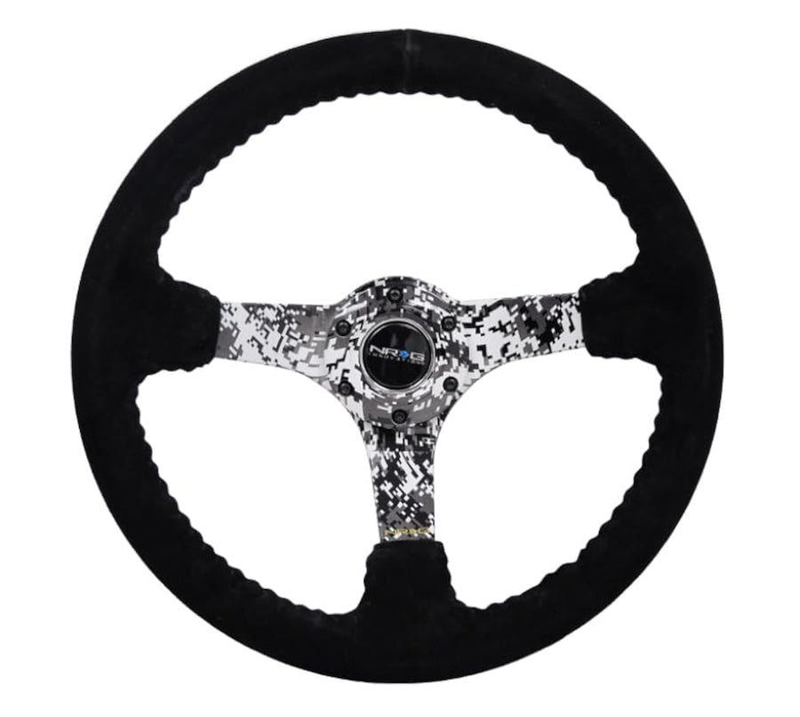 NRG Innovations Reinforced Steering Wheel NRG-RST-036DC-R Hydro Dipped Digital Camo 3" Deep, 5mm Spoke, 350mm Sport Steering Wheel Black Suede With Black Baseball Stitching