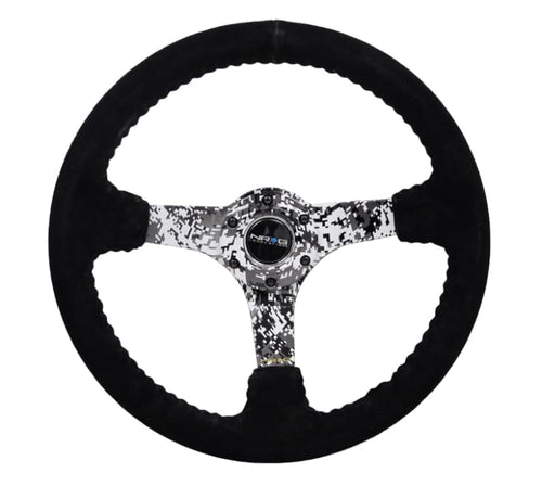 NRG Innovations Reinforced Steering Wheel NRG-RST-036DC-R Hydro Dipped Digital Camo 3" Deep, 5mm Spoke, 350mm Sport Steering Wheel Black Suede With Black Baseball Stitching