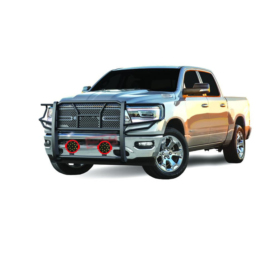 Heavy Duty Black Horse Rugged Grille Brush Bumper Guard Modular Come with Pair of 7.0" Dia.LED Lights with Red Trim Rings Compatible with 2019-2025 Ram 1500-RU-DORA19-B-PLR