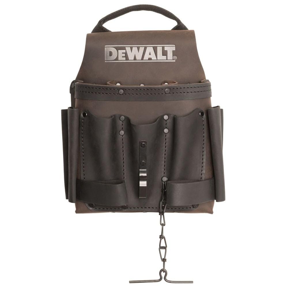 Leather DEWALT Tool Pouch for Electricians, 8 Pockets, Hammer Loops and Tape Chain (DWST550114)