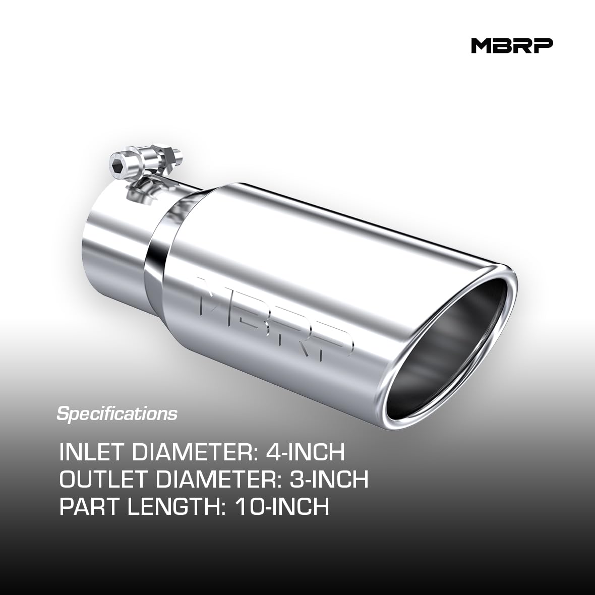 T304 MBRP Angled Rolled End Tip, 4" O.D., 3" Inlet, 10" Length