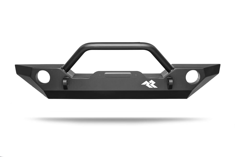 Front Rugged Ridge Rock Rage Bumper for Jeep Wrangler/Gladiator | Full-Width w/Angled Ends, Steel, Black | 11543.01 | Fits 2007-2025 Jeep Wrangler JK/JL; 2020-2025 Jeep Gladiator JT