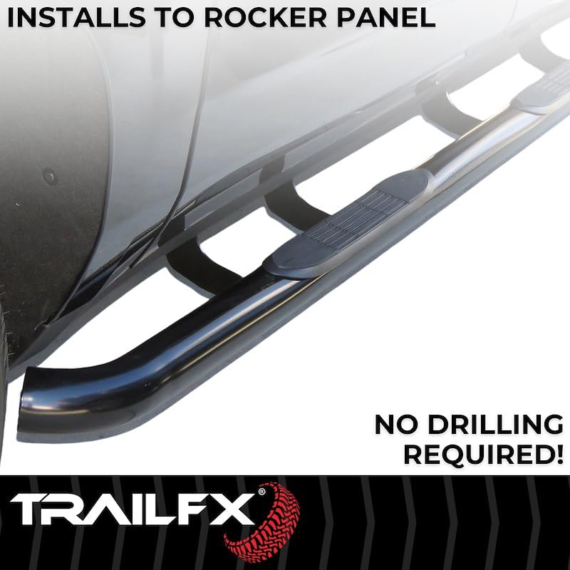 TrailFX Side Steps Nerf Bar Fits Ford F-150 SuperCrew 2015-2026 Black Powder Coated Steel with Step Pads 3-Inch Round Bent 90 Degree Rocker Panel Mount Running Boards Set of 2 TrailFX A0052B