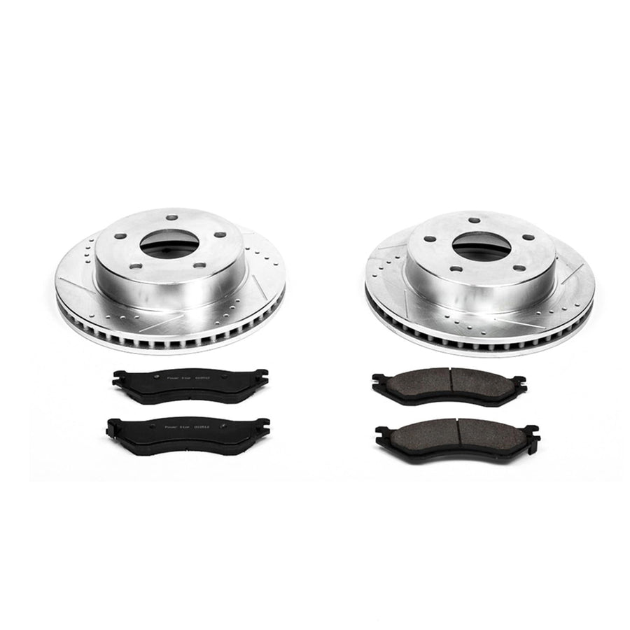 Power Stop K5143 Z23 Carbon Fiber Brake Pads Front with Drilled & Slotted Brake Rotors Kit For Dodge Ram 1500 2000-2001 [Model Specific]
