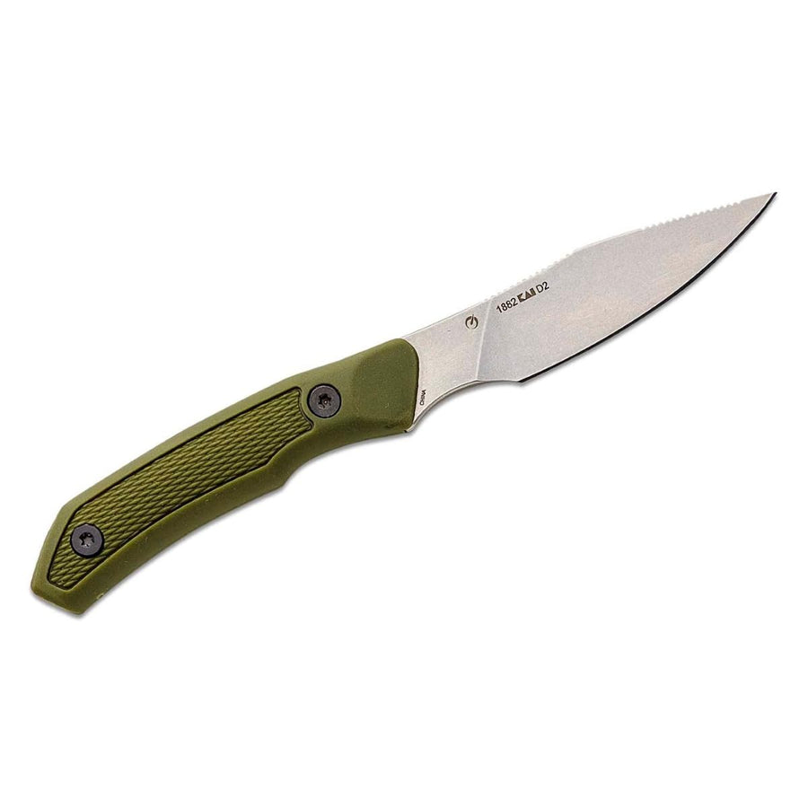 Kershaw Caper Deschutes Fixed Blade Knife, Olive Design, 3.3 Inch D2 Steel Fixed Clip Point Blade, Full Tang Design, EDC, Molded Sheath, Everyday Carry Knife for Men and Women