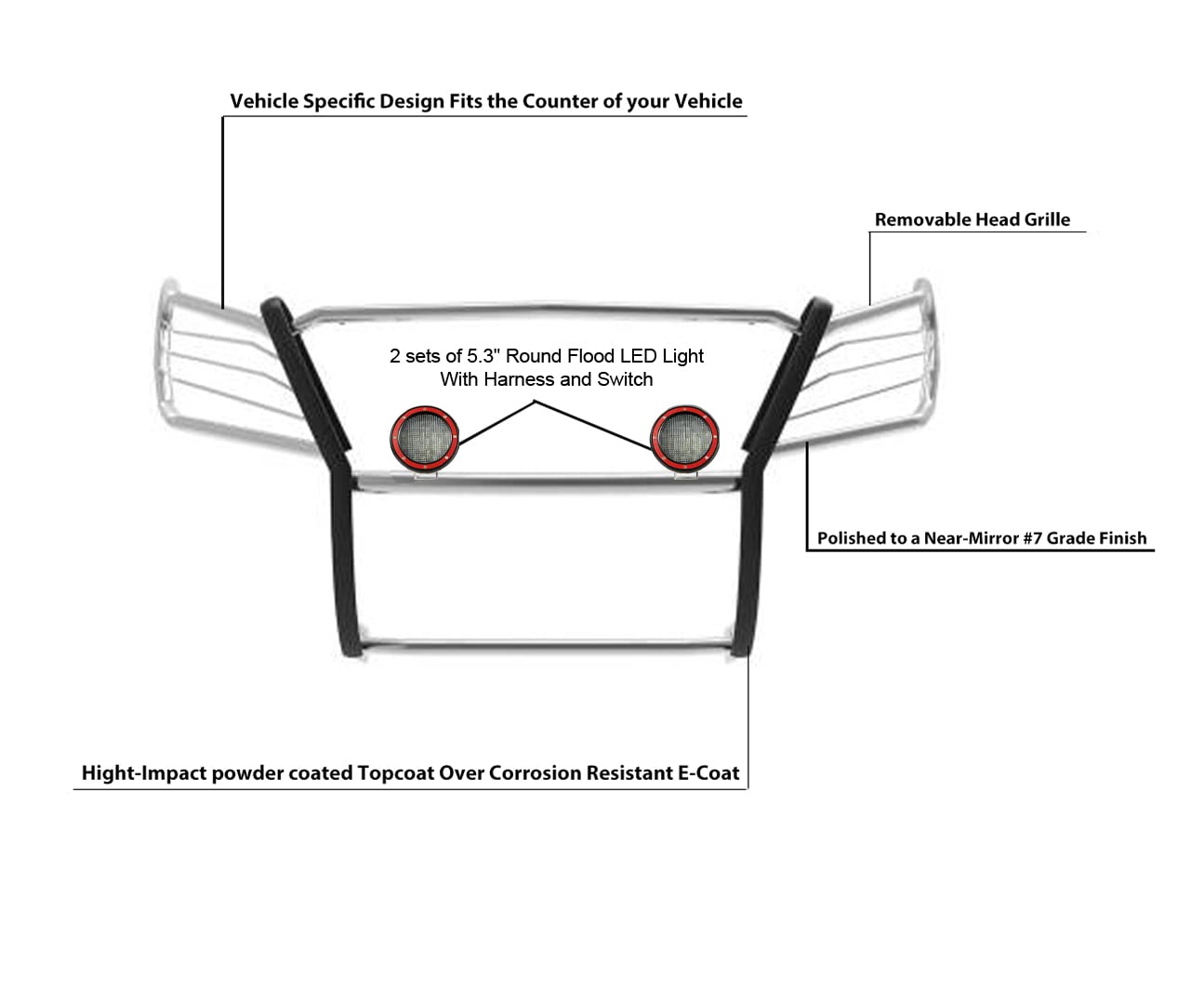 Grille Brush Black Horse Bumper Guard Modular Stainless Steel Come with Pair of 5.3" LED Light with Red Trim Rings Compatible with 2005-2015 Armada|2004-2015 Titan Crew Cab & King Cab-17NR26MSS-PLFR
