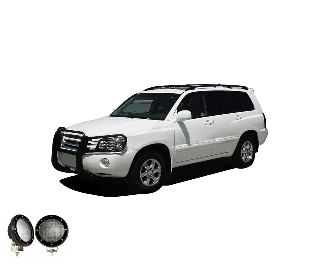 Bumper Guard Black Horse Grille Brush Modular Black Come with Pair of 5.3" Dia.LED Lights with Black Trim Rings Compatible with 2001-2007 Toyota Highlander-17TL26MA-PLFB