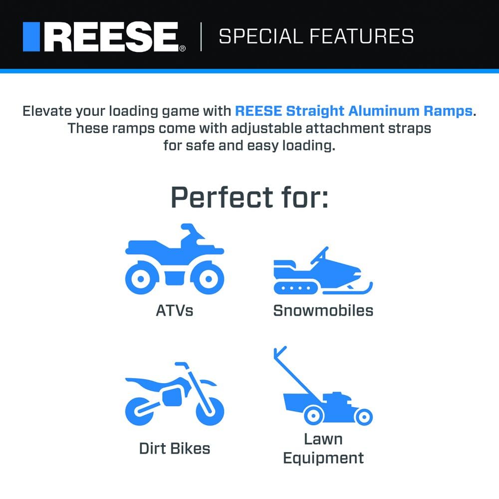 Reese Straight Aluminum Loading Ramp 1126820 for ATVs, Snowmobiles, Dirt Bikes, Lawn Equipment, 13 Inch x 77 Inch, 1,250 lbs. Capacity, Pair