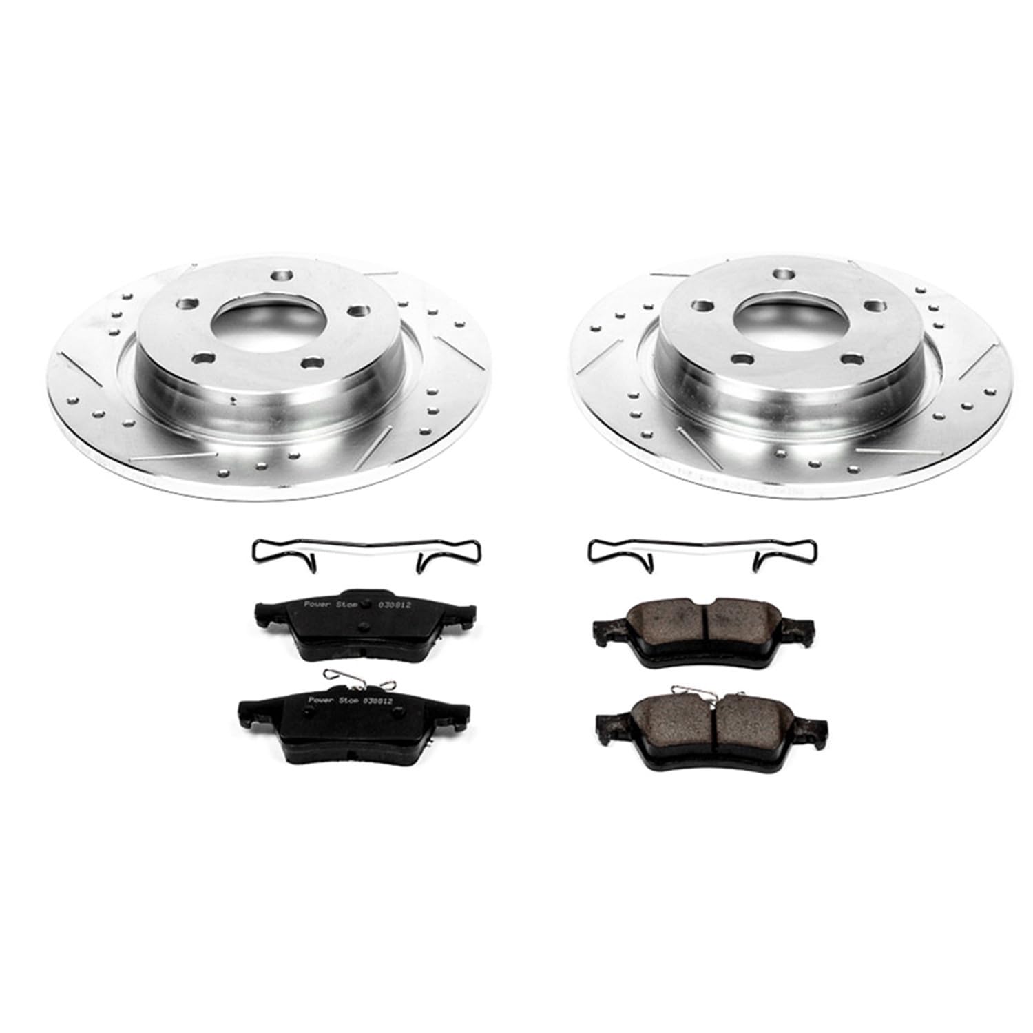 Rear Power Stop K129 Z23 Carbon Fiber Brake Pads with Drilled & Slotted Brake Rotors Kit For Mazda 3 2004-2013 [Model Specific]