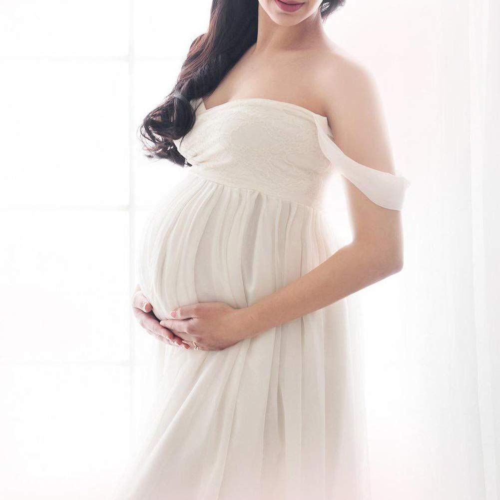 Women's Solid Off Shoulder Maternity Dress, Split Front Sleeveless Chiffon Shoulderless Long Photography Dress