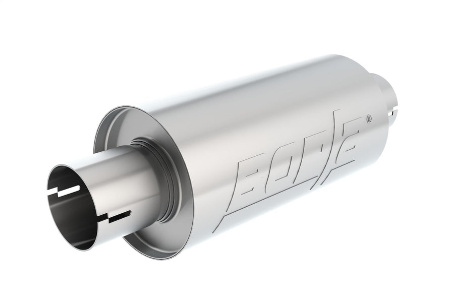 BORLA Specialty Muffler 400497 - S-Type - 2.5" Center Inlet/ 2.5" Center Outlet 5" Round x 10" Long Body 15" Overall Length. Universal Part. Reversible Design. Notched Necks.