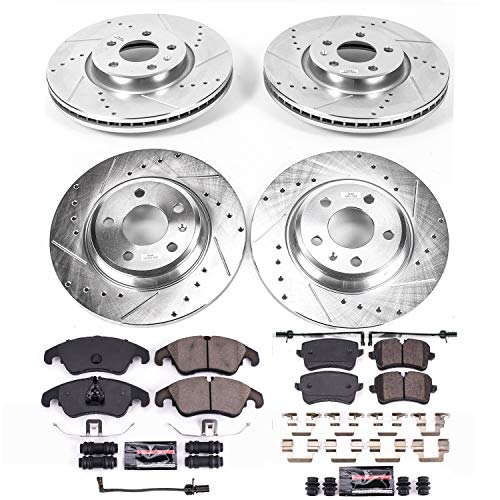 Power Stop K6137 Z23 Carbon Fiber Brake Pads Front and Rear with Drilled & Slotted Brake Rotors Kit