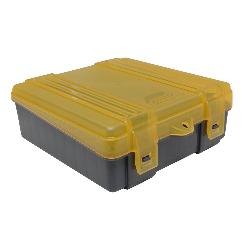 Handgun Ammo Box Plano 100-Count, Dark Gray, Lockable Ammunition Storage, Small Plastic Ammo Box with Dependable Closures and Deep Individual Slots for .357 & .38