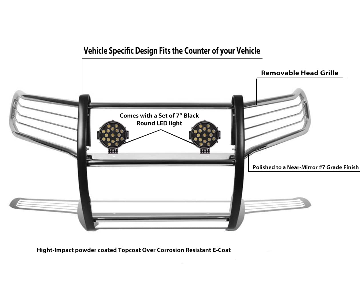 Bumper Guard Black Horse Grille brush Modular Stainless Steel Come With pair of 7.0"Dia.LED Lights with Black Trim Rings Compatible with 2016-2022 Honda Pilot-17H151402MSS-PLB