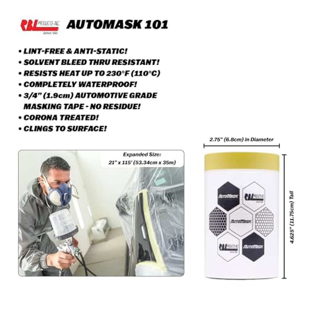 AutoMask RBL 102 21” x 115’ Refill Roll – Pre-Taped, Lint-Free, Waterproof, Anti-Static Paint Masking Film – Heat & Solvent Resistant