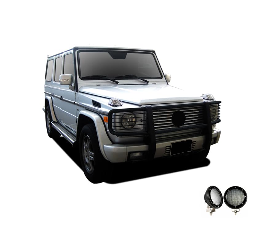 Bumper Guard Black Horse Grille Brush Modular Black Come with Pair of 5.3" LED Lights with Black Trim Rings Compatible with 2003-2010 Mercedes-Benz G55 AMG|1999-2010 Mercedes-Benz G500-PGBZA008A-PLFB