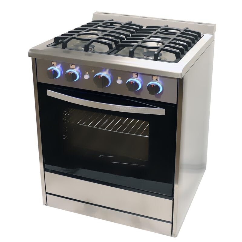24" RV Gas Range - Greystone, SS Panel with Black Glass Oven Door