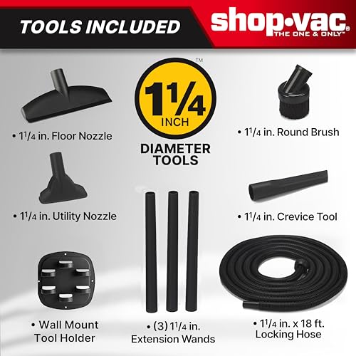 5 Gallon Shop-Vac 9522205 5.5 Peak HP Hangup Wet/Dry Vacuum, 1.25 Inch Diameter x 18 Foot Hose, 6 Foot Cord, Wall Mount Included, Ideal for Garage, Workshop & Home