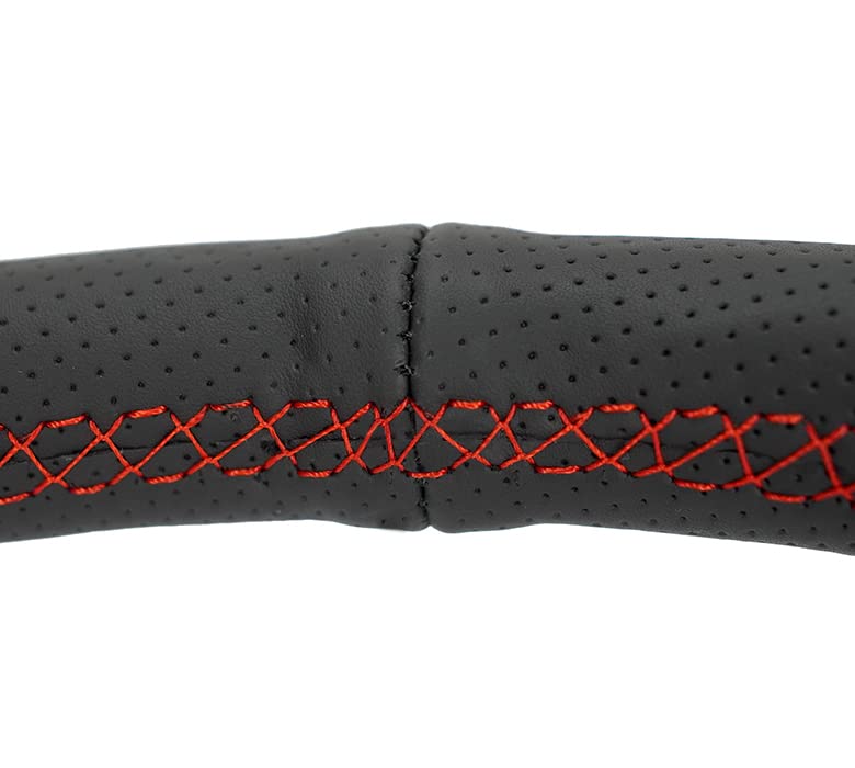 NRG Innovations Reinforced NRG-RST-380-STL-R Classic Stealth Wheel, 380mm, 3 Spoke Center with Diagnal Slits, 1" Deep Dish with Perforated Leather and Red Stitching
