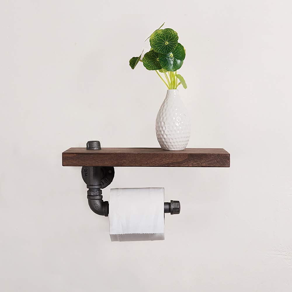 YIMJ Industrial Rustic Pipe Toilet Paper Holder By Pipe Decor At Wall Mounted Wooden Shelf, Metal Wall Storage Iron Pipe Fabric Roll Hanger (Single Faced)