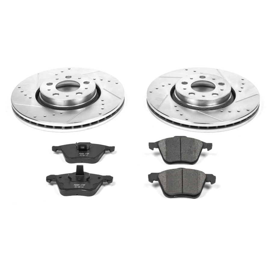 Power Stop K3063 Z23 Carbon Fiber Brake Pads Front with Drilled & Slotted Brake Rotors Kit For Volvo XC90 2003-2014 [Model Specific]